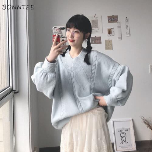 Sweaters Women Simple Elegant Retro Solid V-neck Daily Casual Ladies Pullover Knitting All-match Holiday Long Sleeve Popular Ins