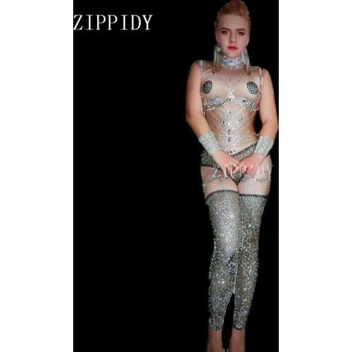 2019 New Sexy Nude Rhinestones Sexy Jumpsuit Sleeveless Dance Bodysuit Female Costume Nightclub Womens Prom Stage Show Outfit