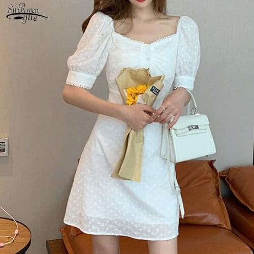 New Floral Square Collar Summer Mini Dresses Vintage Cotton White Dress Women Puff Sleeve Casual Korean Party Dress Robe 15338