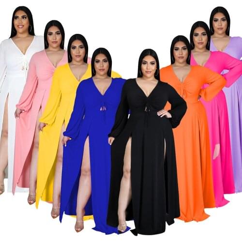 2021 Fashion Large Size Women Maxi Dresses Party Fall Long Sleeve V-neck Dress Bodycon Split Sexy Plus Size Clothing