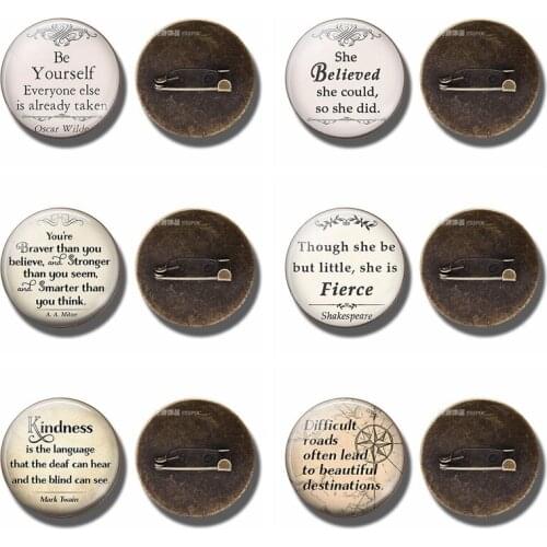 Famous Quote Shakespeare Mark Twain Oscar Wilde Funny Quote Brooch Glass Cabochon Dome Copper Brooch Pin Women Men Accessories