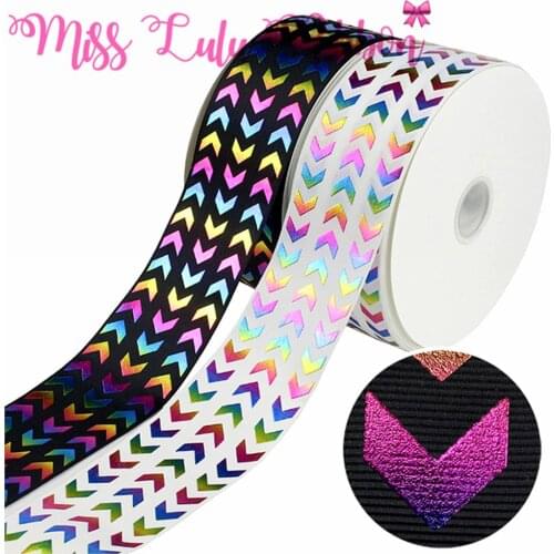 3"75mm Rainbow Foil Arrow Printed Solid Grosgrain Ribbon DIY Bowknots Hair Band Making 50yards/roll Party Decor Sew Accessories