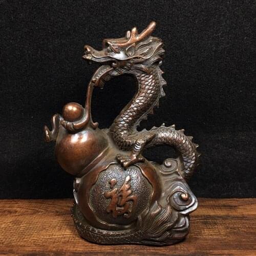 7"Tibet Buddhism Temple Old Bronze Cinnabars Zodiac Dragon statue Fu Lu Gourd Feng Shui Long Town House Ward off evil spirits