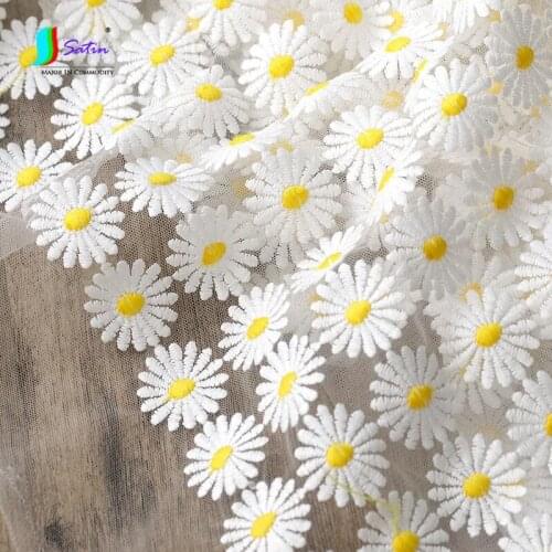 White Background Yellow Daisy Pattern Wedding Dress Table Cloth hat Curtain Bright Color Skirt Handmade Soft Tulle Fabric A0471L