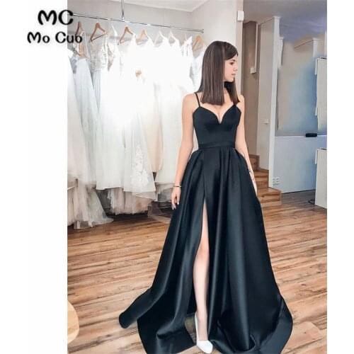 Black Long Prom dresses In Stock Dress for Graduation Spaghetti Straps Front Slit Hard Satin Evening Dresses Prom Gown for Women