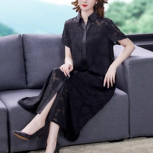 Black Jacquard Chiffon Sexy Vintage Midi Dress 2021 Summer Casual 5XL Plus Size Shirt Dress Women Elegant Bodycon Party Vestidos