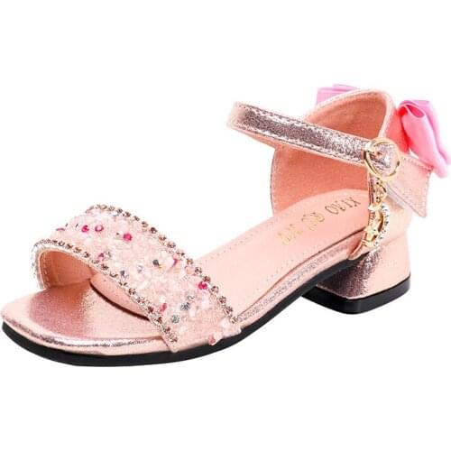 2020 Summer Children Shoes Big Girls Sandals Sequins Crystal Bow High Heels Princess Dance Sandals for Kids Girls детская обувь