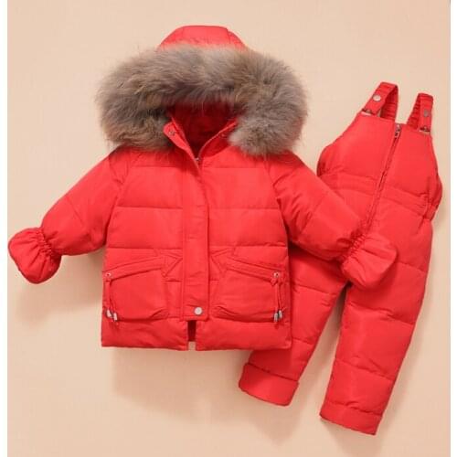 Children Snowsuit Winter Clothes Set Boy Outwear Coat Girls Warm Parka Hooded Baby Girl Duck Down Jacket +jumpsuit Kids Overalls