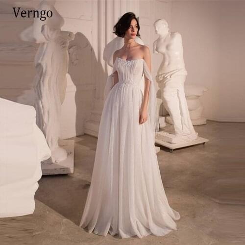Verngo Elegant Off the Shoulder A Line Wedding Dress Off Shoulder Tie Sleeves Tulle Pleats Lace Up Sweep Train Bridal Dresses