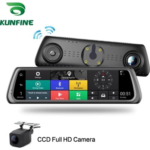 KUNFINE 10" Android GPS Navi Dash Cam Car DVR Mirror Video Recorder Dual Cameras Recording WIFI Bluetooth With 3G FM Transmit