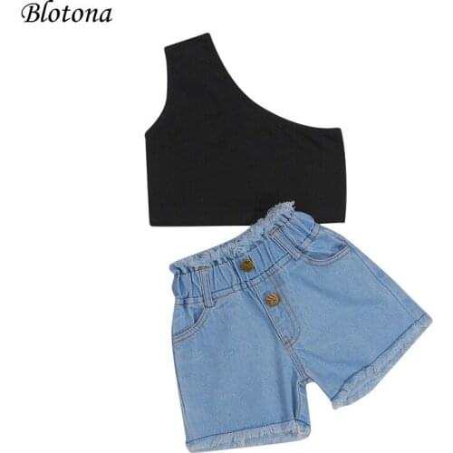 Blotona Little Girls Summer Stylish Vest and Shorts Suit Solid Color One-shoulder Tops and Raw Edge Denim Short Pants, 1-6Years