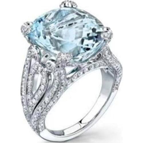 Milangirl New Elegant Ladies Silver Color Light Blue Round Crystal Rhinestone Female Ring for Women Wedding Jewelry