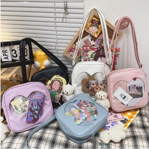 Girls Cute PU Square Bag Ladies Love Transparent Design Crossbody Bag Kawaii Doll Pendant Shoulder Bag Student Japanes Ita Bags