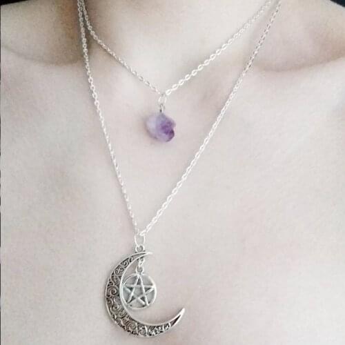 Layered amethyst and moon necklace - pentagram necklace filigree moon Necklace