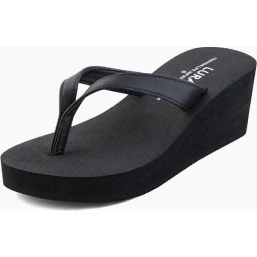Summer All-Match High-Heeled Flip Flops Women Casual Simple Fashion Non-Slip Thick-Soled Slippers PU Leather Vacation Beach Shoe