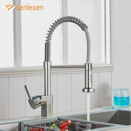 Senlesen Kitchen Faucets Copper Pull Out Spray Brushed Nickle Mixer Tap Spring Telescopic Faucet Household 360° Rotate Tap