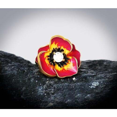 High-quality Epoxy Red Enamel Flower Ring Womens Wedding Engagement Travel Cocktail Party Jewelry Gift