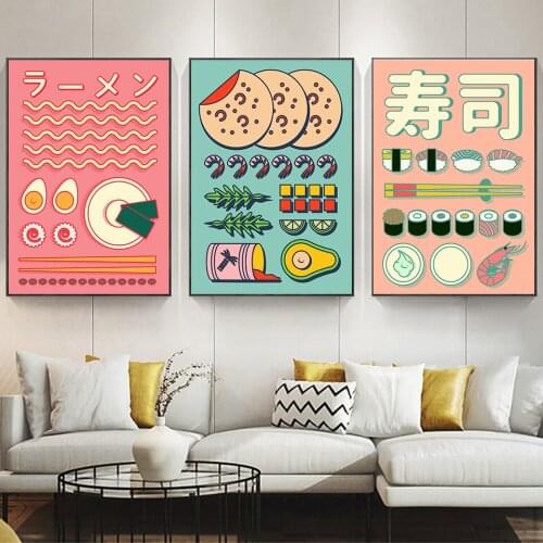 Japanese Food Posters Ramen.Soup. Sushi. Maki. Sashimi. Wasabi. Shrimps.Happy Avocado. Kitchen Wall Art Prints Home Decor Canvas