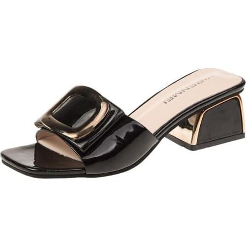2021 New Summer Women Shoes Slippers Fashion Metal Buckle Ladies Mules Slides High Heels Pumps Women Casual Slippers