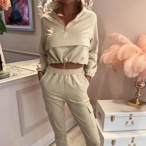Stand Collar Zipper Womens Set 2 Piece Sets Drawstring Crop Tops Female Suits 2021 Autumn New Casual Pocket Tracksuit Lady Suit