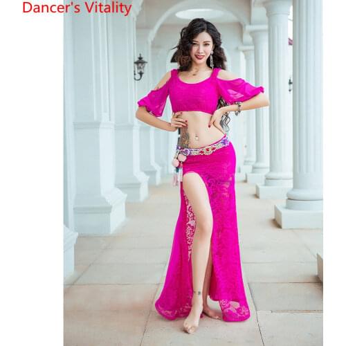Belly Dance Practice Training Clothes Cut out Lace Splicing Top Skirt Set Women Oriental Indian Dancing Beginners Stage Wear