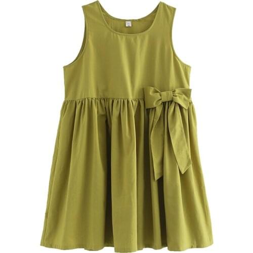 New 2018 Summer Dress A-Line Cotton and Linen O Neck High Waist Loose Bow Decorated Dresses Clothes For Women M,L,XL,XXL