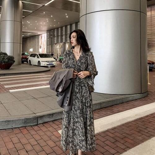 2021 Spring Autumn Floral Print Chiffon Dress Women Vintage Ankle Length Long Sleeve V Neck Dress Korean Style Bottoming Loose