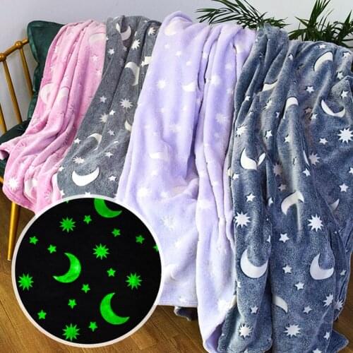 Children Luminous Warm Flannel Blankets Night Fluorescent Star Moon Print Sheet Bedspread Coverings Blanket Christmas Gift#20