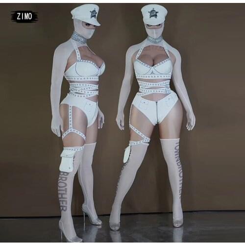 5 Piece set Sexy white Costume Men Women Group Dance Team Performance Clothes Show Outfit Rave festival disease resistance army