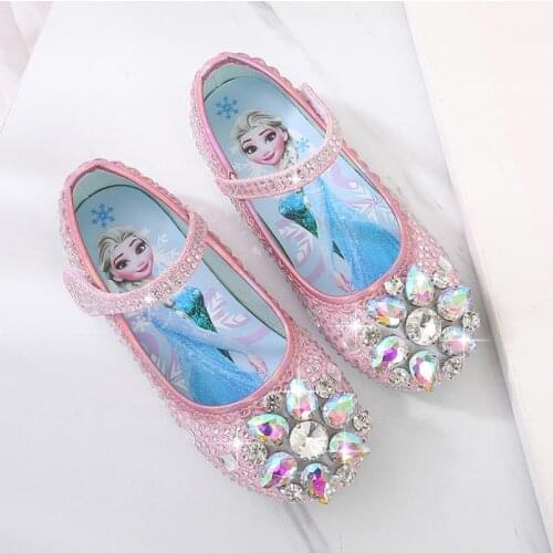 Disney Girls Leather Shoes with Heel Fashion Glitter Rhinestone Bowtie Sandals Children Girls Princess Dancing Shoes Size 24-35