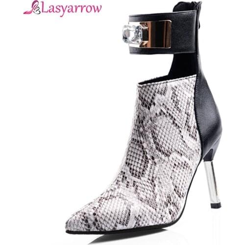 Lasyarrow 2020 Crystal Metal Decoration Rear Zipper Women Shoes Sexy Pointed Toe Snakeskin Thin High Heel Ankle Boots J979