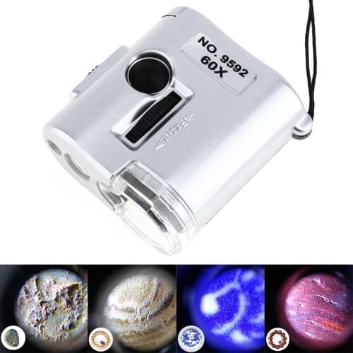 Mini Portable Pocket 60X Microscope Magnifier Jewelry Loupe UV Currency Detector Magnifying Glass with LED Light Lamp