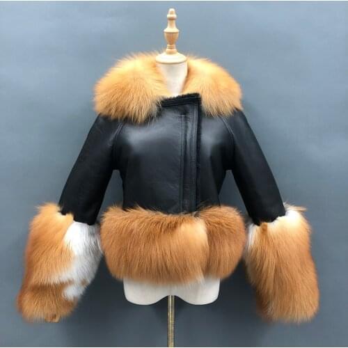 Trendy Real Fox Fur Coat For Women Wholesale Black Leather Jacket Ladies Winter Luxury Fur Women Coat