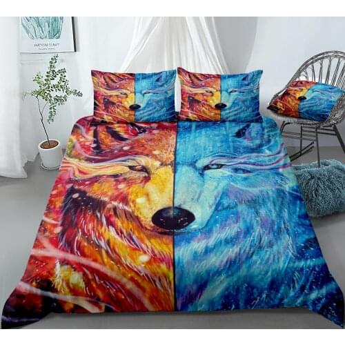 Wolf Bedding Set Fire Ice Bed Linen Wildlife Duvet Cover Set Boys Girls Home Textiles Microfiber Bedclothes Orange BlueBedding