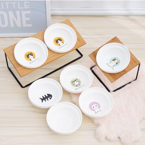 New High-end Pet Bowl Bamboo Shelf Ceramic Feeding and Drinking Bowls for Dogs and Cats Pet Feeder Cute Cat Bowl