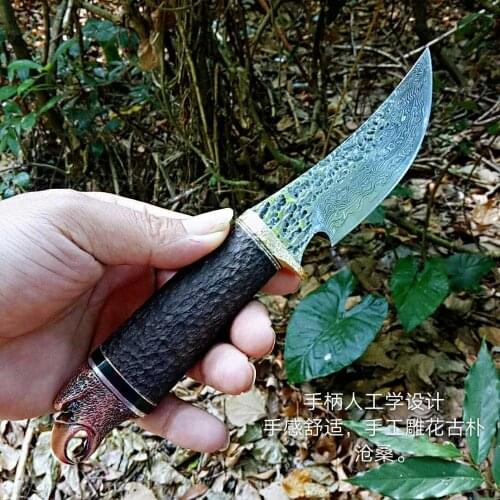Goshawk head+Handle ebony design Damascus steel fixed blade EDC knife Camping knife Survival Hunting knives with leather sheath