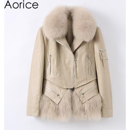 Aorice Women Genuine Sheep Leather Coat Jacket Female Girl Winter Real Fox Fur Jackets Parka OverCoats CT130