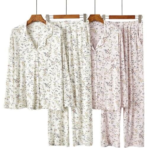 Fdfklak Spring Autumn Japanese Style Lapel Modal Floral Pajamas 2Pcs Set Sleepwear Womens Loose Soft Long Sleeve Trousers