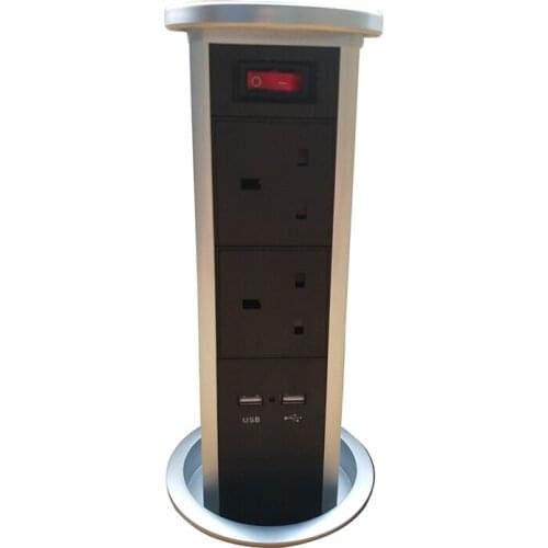 Pneumatic Air Spring Hidden Pop up Desktop Kitchen Socket with 2 UK Plug Power outlets +2 USB Charger Ports +1 on-off Switch