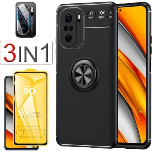 Poco F3 Case, Matte Cover with Metal Ring, Silicone Case for Xiaomi Poco F3 Case&Glass, Funda Poco-F3 Poco-X3-Pro Case Cristal Templado Pocophone F3 Shockproof Cover