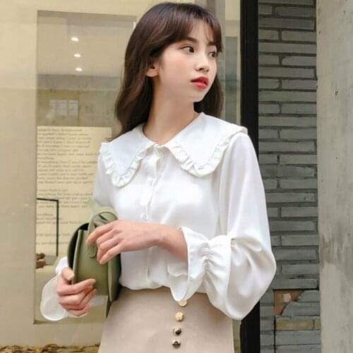 Shirts Women Long Sleeve Peter Pan Collar Solid Simple Shirt All-match Elegant Fresh Lovely Womens Autumn Blouses Flare Tops