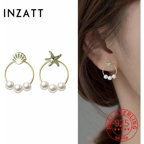 INZATT Real 925 Sterling Silver Starfish Shell Round Pearl Stud Earrings For Women Hiphop Fine Jewelry Asymmetry Accessories