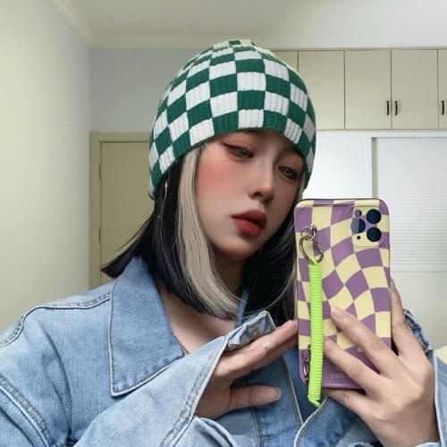 Checkerboard Lattice Knitted Woolen Hat Female Ins Green Autumn and Winter Warm Big Head Round Pile Hat Beanie