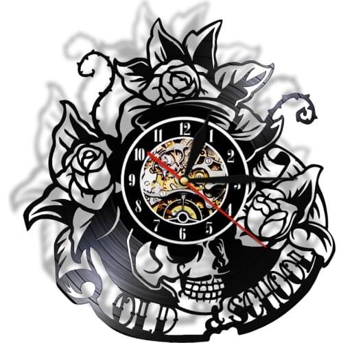 Tattoo Skull with Rose Vinyl Record Wall Clock Skeleton Skull Thorn Roses Silent Quartz Wall Watch Gothic Home Art Wall Decor