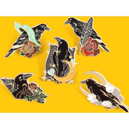 Solitude Gothic crow enamel pin black bird pink flower badge brooch Denim Jackets Shirt bag Lapel pin jewelry gift for women