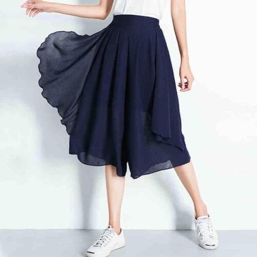 Women Solid Color High Waist Elastic Waistband Wide Leg Cropped Skirt Pants