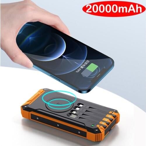 20000mAh Wireless Solar Power Bank for iPhone 12 Samsung S20 Poverbank Built in Cable Fast Charger Powerbank with LED Flashlight