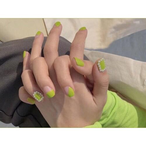 3 sets/pack! Wholesale Avocado Green pure color with full pearl decoration 3d fake nails Bride full nail tips false nails