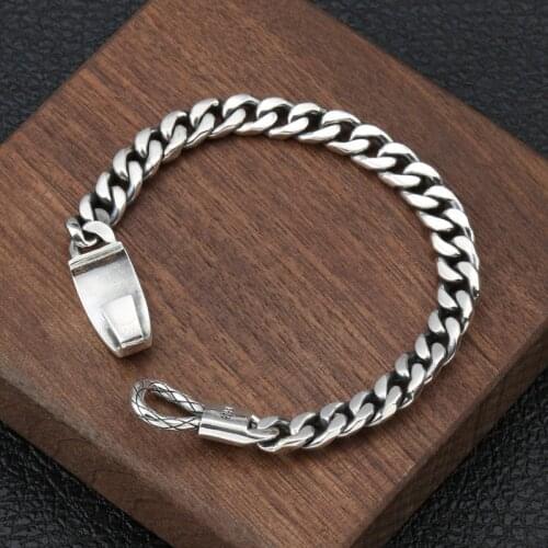 925 Sterling Silver color Easy Hook Smooth Mens Bracelet Retro Brief Style 9mm Chain Bracelet Thai Silver color Wrist Jewelry