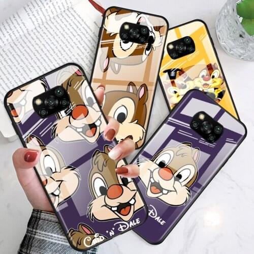 Disney Chip 'n' Dale cute for Xiaomi POCO X3 NFC F3 M2 X2 F2 Redmi K30 Redmi Note 9 Pro Luxury Tempered Glass Phone Case Cover